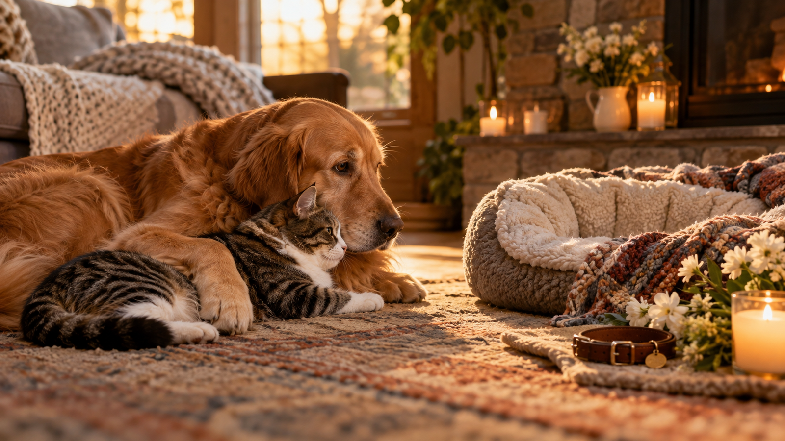 Un perro y un gato descansando juntos junto a una vela encendida