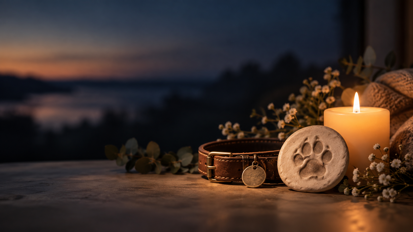 Collar, huella de recuerdo y vela encendida al atardecer